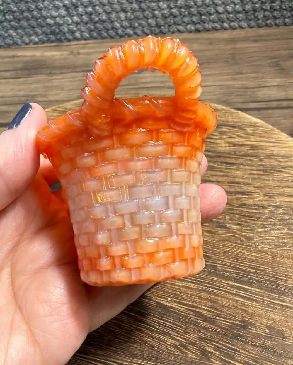 Boyd Orange Slag Glass Basket Weave Toothpick Holder with Handles